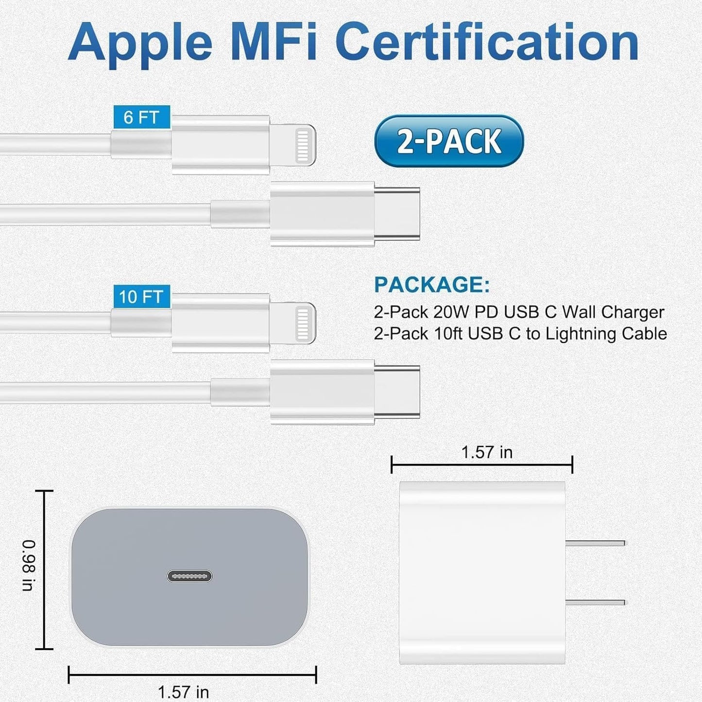iPhone Charger Fast Charging 2 Pack Type C Wall Charger Block with 2 Pack [6FT&10FT] Lightning Cable for iPhone 14/13/12/12 Pro Max/11/Xs Max/XR/X,AirPods Pro (Copy)
