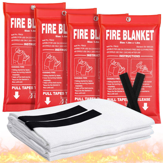 Fire Blanket 4 Pack - 40" x 40" Prepared Emergency Fire Blanket for Home and Kitchen, RV, Grill, Fireplace, Safe & Easy for Young Adults and Elderly Living Alone